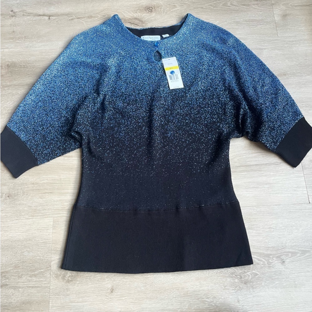 Kim Rogers Womens Navy 3/4 Sleeve Sparkle Blouse SZ M Petite NWT